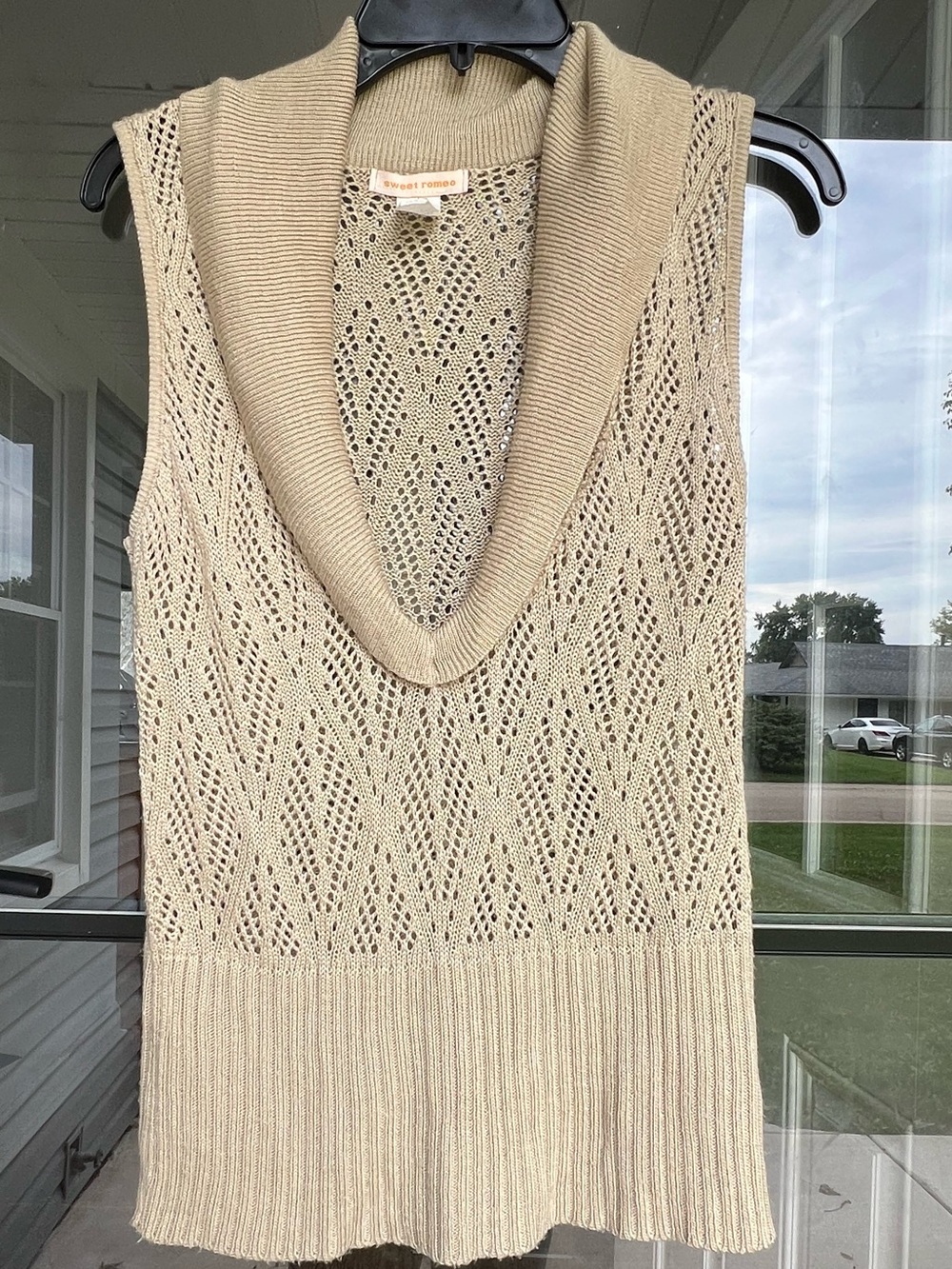 Y2K Sweet Romeo Women's Cowl Neck Sleeveless Open-Knit Sweater Beige Acrylic M